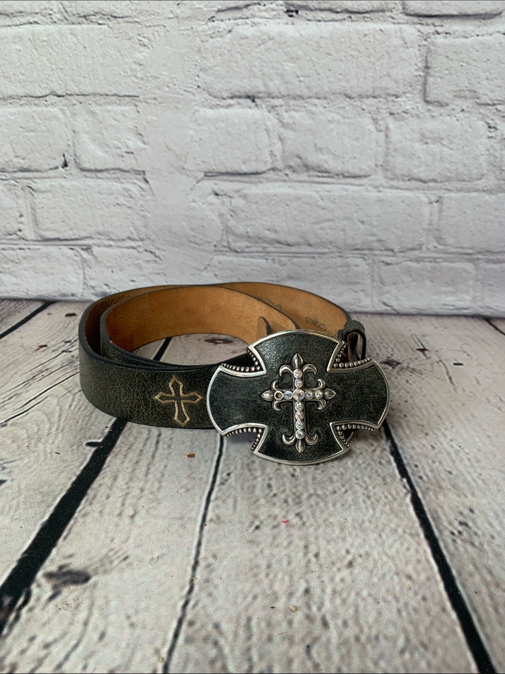 Justin Boots Black Leather Belt with Ornate Cross Buckle